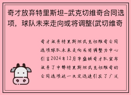 奇才放弃特里斯坦-武克切维奇合同选项，球队未来走向或将调整(武切维奇加盟湖人)