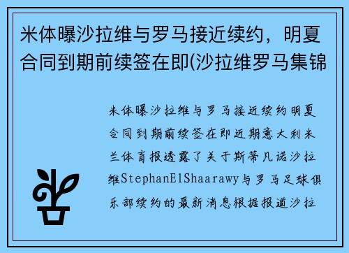 米体曝沙拉维与罗马接近续约，明夏合同到期前续签在即(沙拉维罗马集锦)